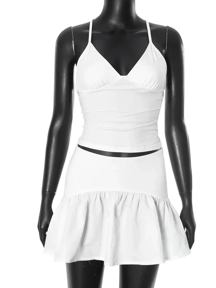 Ensemble 2 pièces tendance été 2025, camisole sexy dos nu + mini jupes, extensible, assorti, clubwear