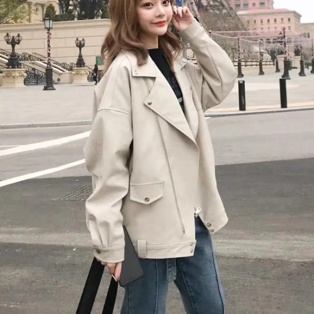 Damska, ocieplana kurtka motocyklowa ze skóry, styl koreański BF, luźny krój, mieszanka PU i bawełny, krótka kurtka na jesień i zimę.