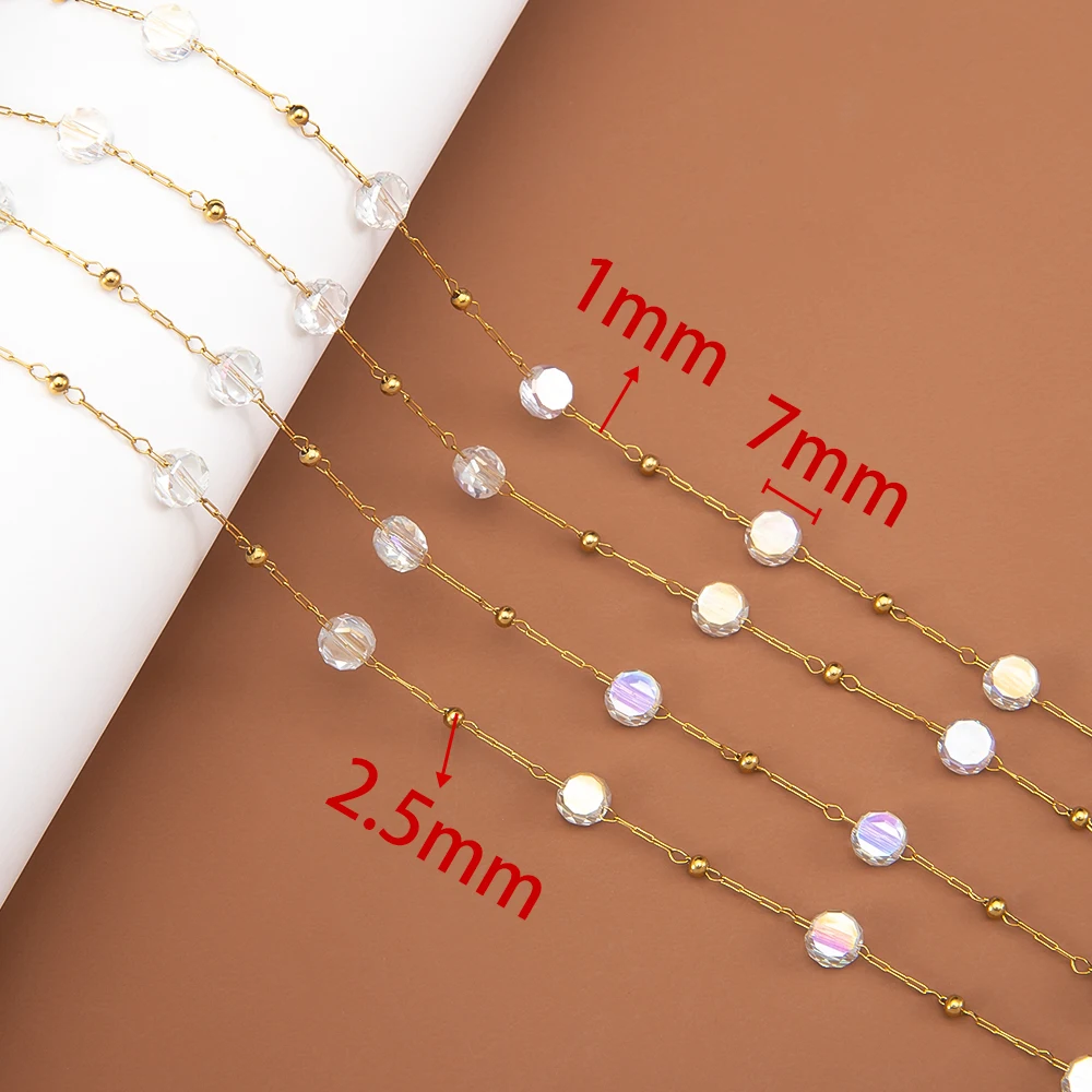 2meters 1meter Stainless Steel Round Stone Chain 7mm Crystal Beaded Necklace Chain Bracelets Accessories for Jewelry Making DIY