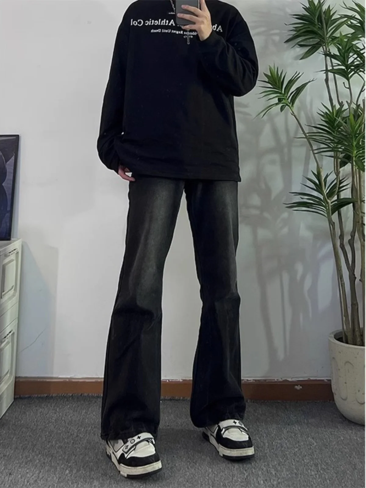 

Американские джинсы-клеш для мужчин, весенне-осенние, модные, прямого кроя, с эффектом стройности, длинные брюки