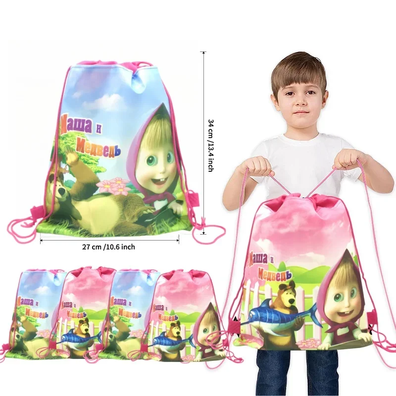 Masha and bear Paper Gift Bag Birthday Decor Backpack Masha Drawstring Bag Biscuit Handle Candy Bag Baby Shower Party Supplies ﻿