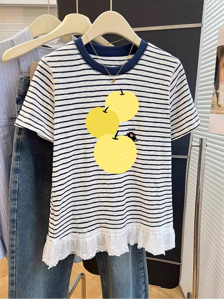 

Шикарная кружевная футболка ort Sve, повседневная свободная мужская летняя модная полосатая футболка Moisture ng round Ne Regular Le...