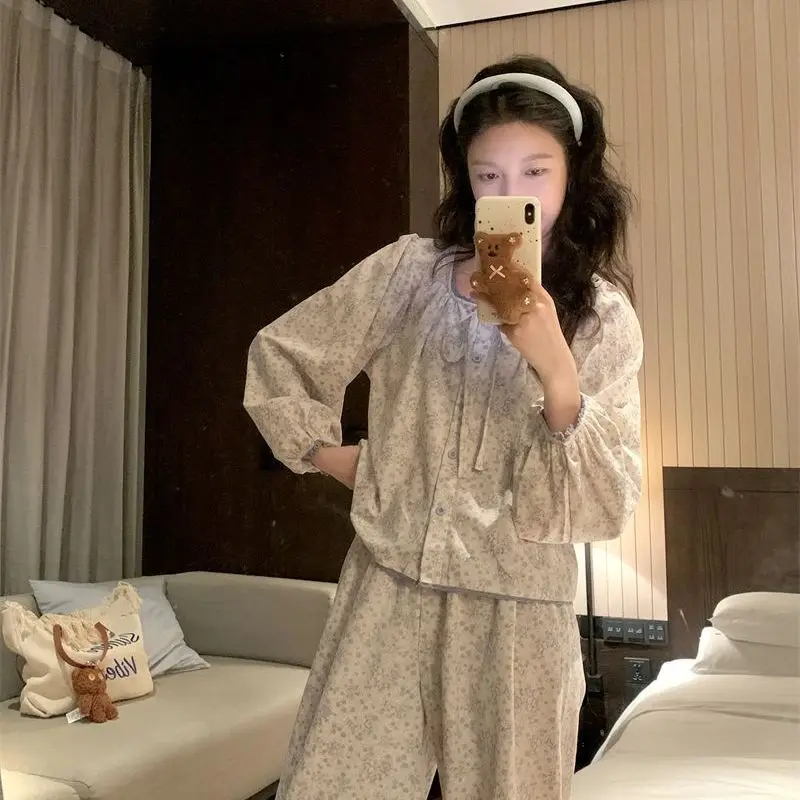 

New Korean Version of Pajama Sets Women's Spring Autumn Girls' Casual Loose Long Sleeve Home Clothing 2-piece Set Nightie Nighty