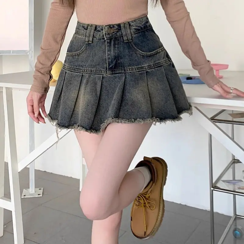 DEEPTOWN Vintage Pleated Denim Skirt Women Korean Fashion High Waist Patchwork Distressed Sexy Mini Jeans Skirt 2024 Summer