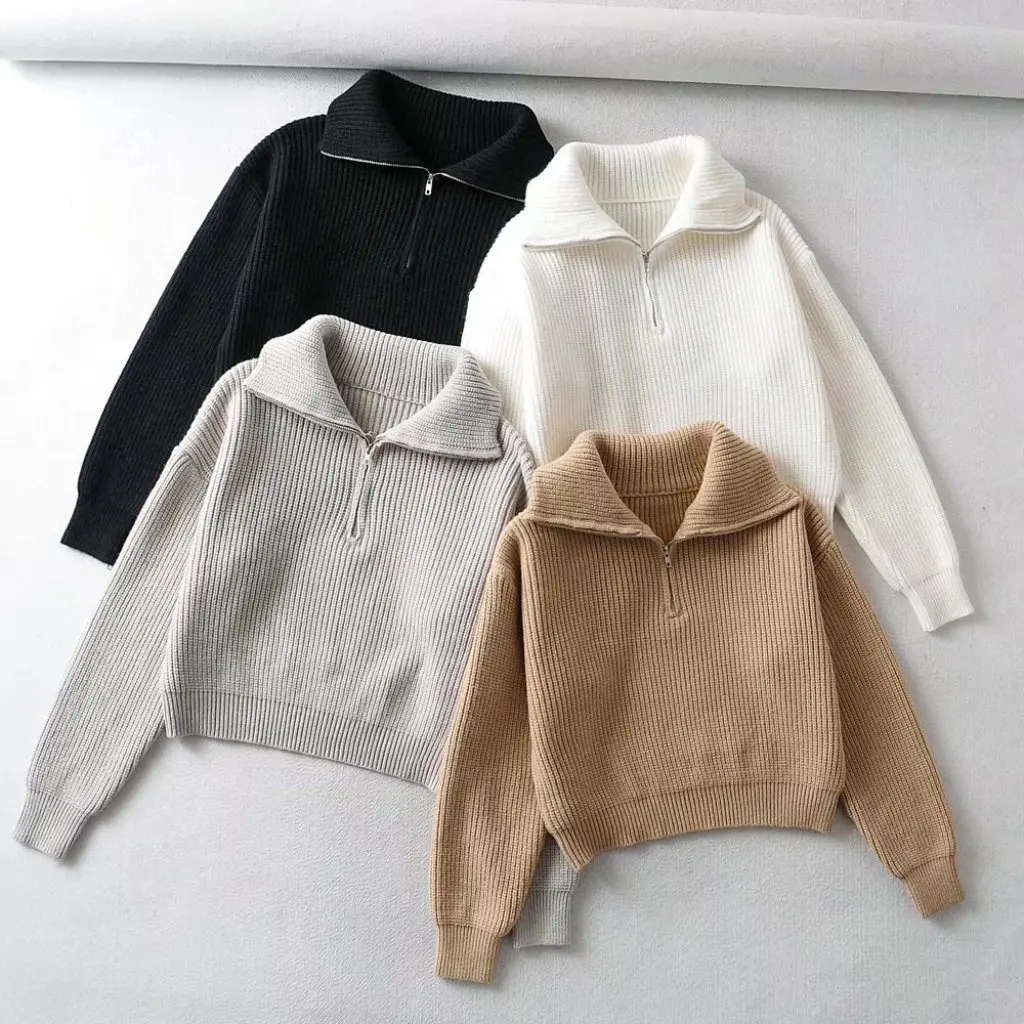 

YPFF Women's Trendy Knitwear Lapel Slim Fit Pullover Short Loose Long Sleeve Sweater Half Zipper European American Fashion