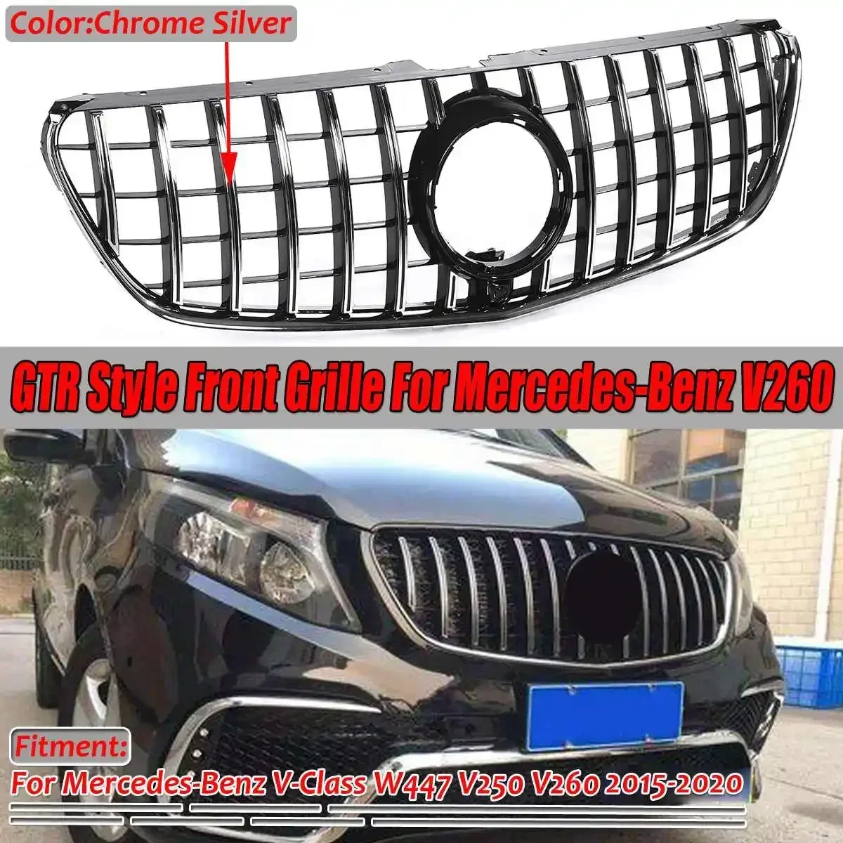 GTR Style Front Upper Bumper Grille Racing Grills For Mercedes For Benz V-Class W447 V250 V260 2015-2020 Front Grill Body Kit