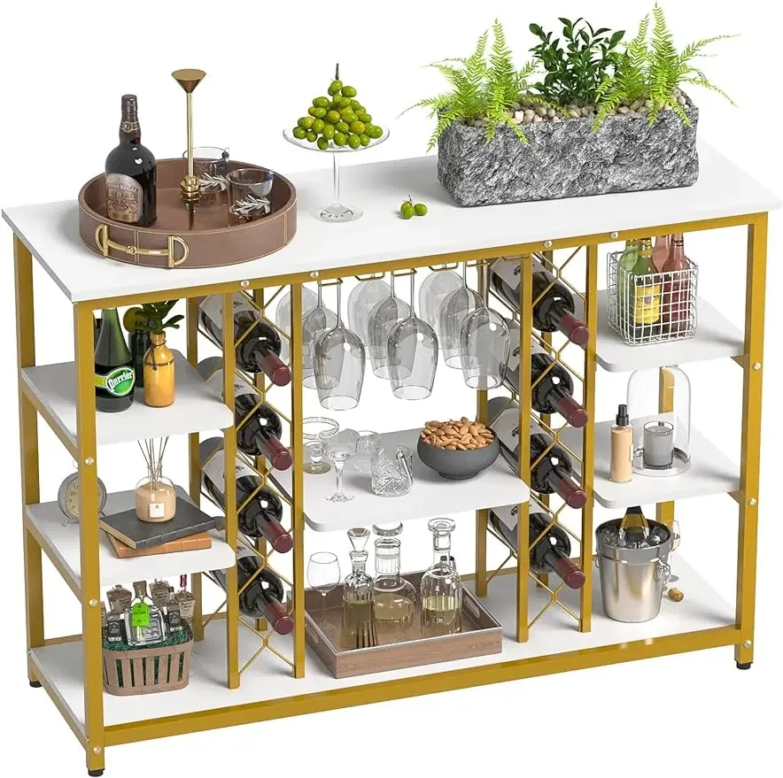 Modern 4 Tier Wine Rack Table,47In Freestanding Wine Baker's Rack with Storage Shelves,Sturdy and Durable,White+Gold Frame