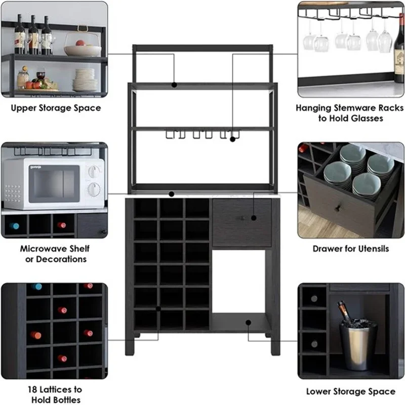 Wine Buffet Cabinet with 18 Bottle Rack and Glass Holder Serving Bar Table with 3 Tier Shelves Drawer and Open Storage