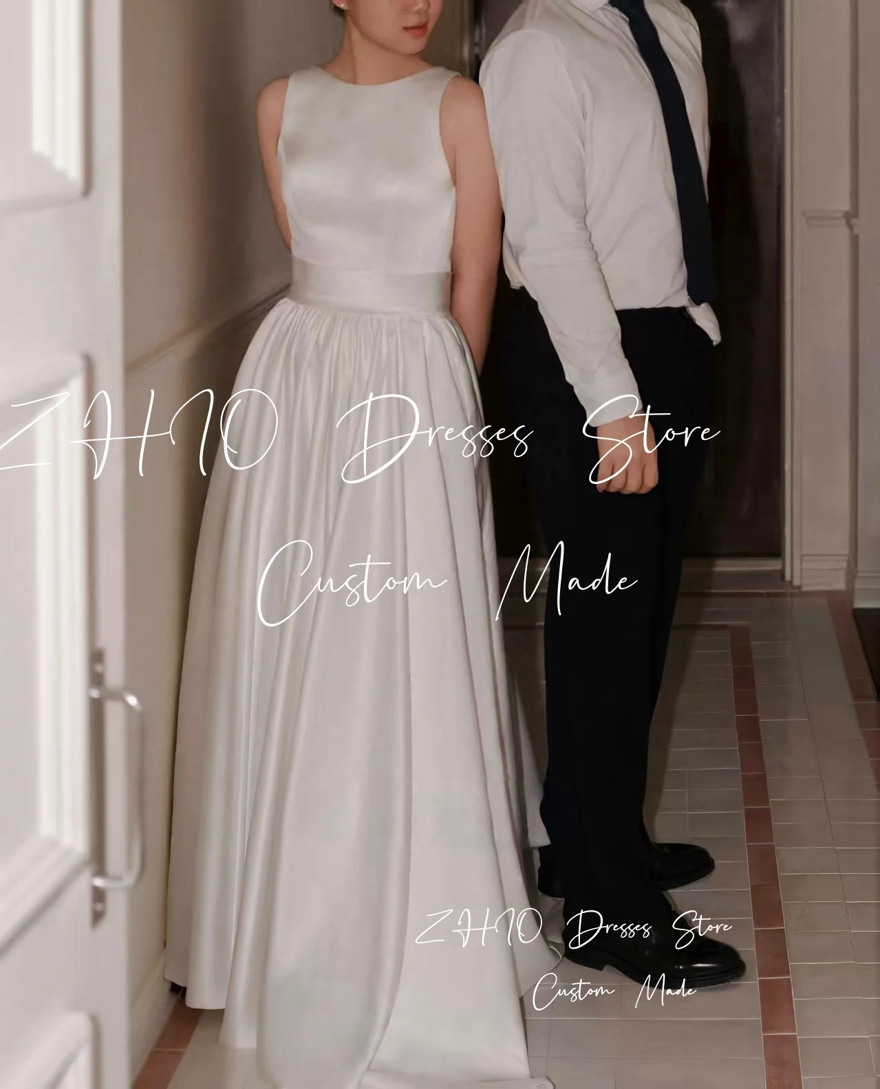 ZHIO 우아한 화이트 새틴 웨딩 파티 드레스 O넥 드레이프드 A라인 한국 포토 촬영 신부 드레스 이브닝 드레스 맞춤 웨딩드레스