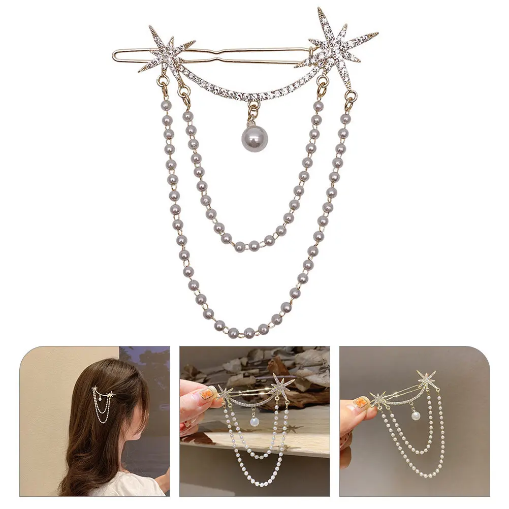 

Rhinestones Star Pearl Tassel Charm Hair Clip Decorative Hairpin for Women Party Wedding Accessories Hair Pins for Women