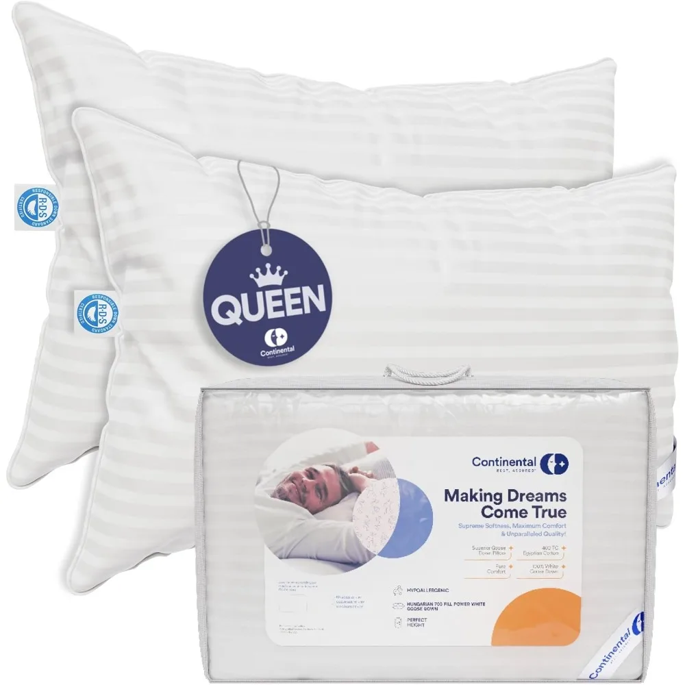 Luxury Down Pillows Queen Size Set of 2 - Family Made in New York - Cool Breathable Bed Pillows for Sleeping,