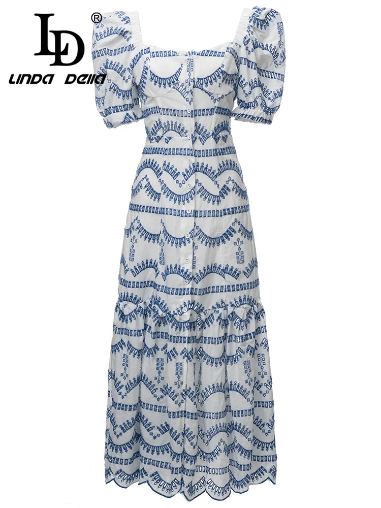 

LD LINDA DELLA Summer Italian Luxury Dress Women Square Collar Single-breasted Print Splice Slit Slim Fit Travel Long Dress