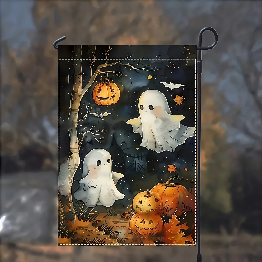 Halloween Horror Garden Flag, 12x18 Inch Double-sided Durable Polyester Material, Including Halloween Lanterns and Bat Patterns, Suitable for Indoor and Outdoor Courtyard Patio Decoration