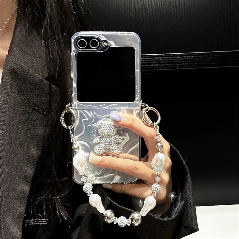 Phone Case For Samsung Galaxy Z Flip 6 5 4 3 Cover with Chain Cute Rhinestone Bear Water Ripple Cases For Z Flip5 Flip4 Flip3 5G