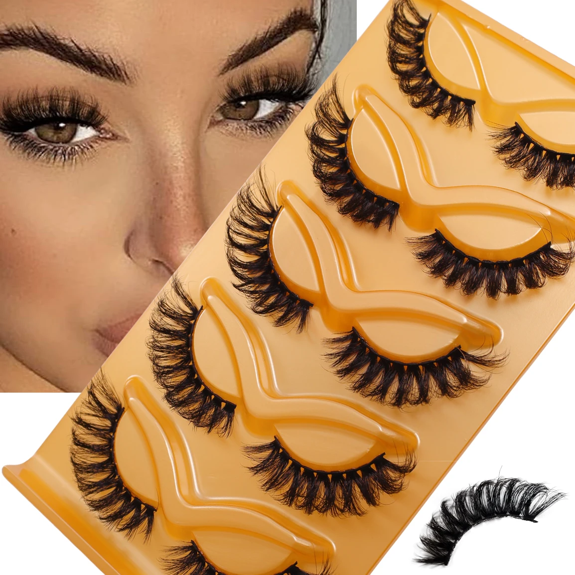 5 pairs of fox style eyelashes, fox eye charm, slanted flying eyelashes, elongated eyelashes at the tail, and large and small ey