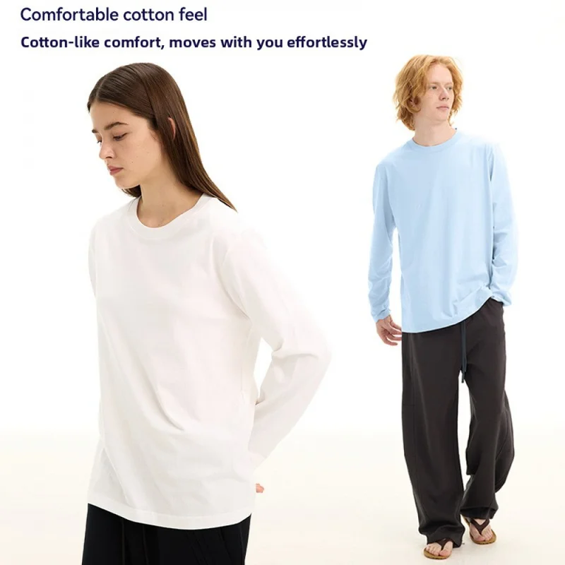 QICHE 2026 Fall Winter Men Women Solid Commute Long Sleeve Tee, Regular Shoulder Fitted Basic Combed Cotton Crew Neck T-shirt