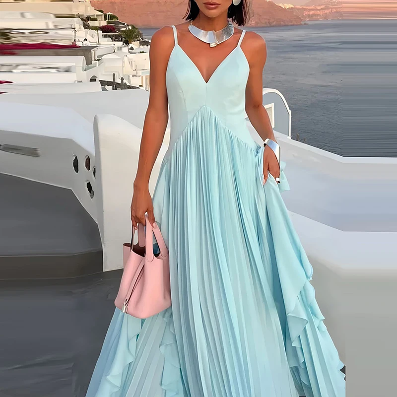 Moda feminina plissado sem mangas sólido estilingue vestido sexy fora do ombro solto balanço vestido elegante profundo decote em v em camadas vestido longo