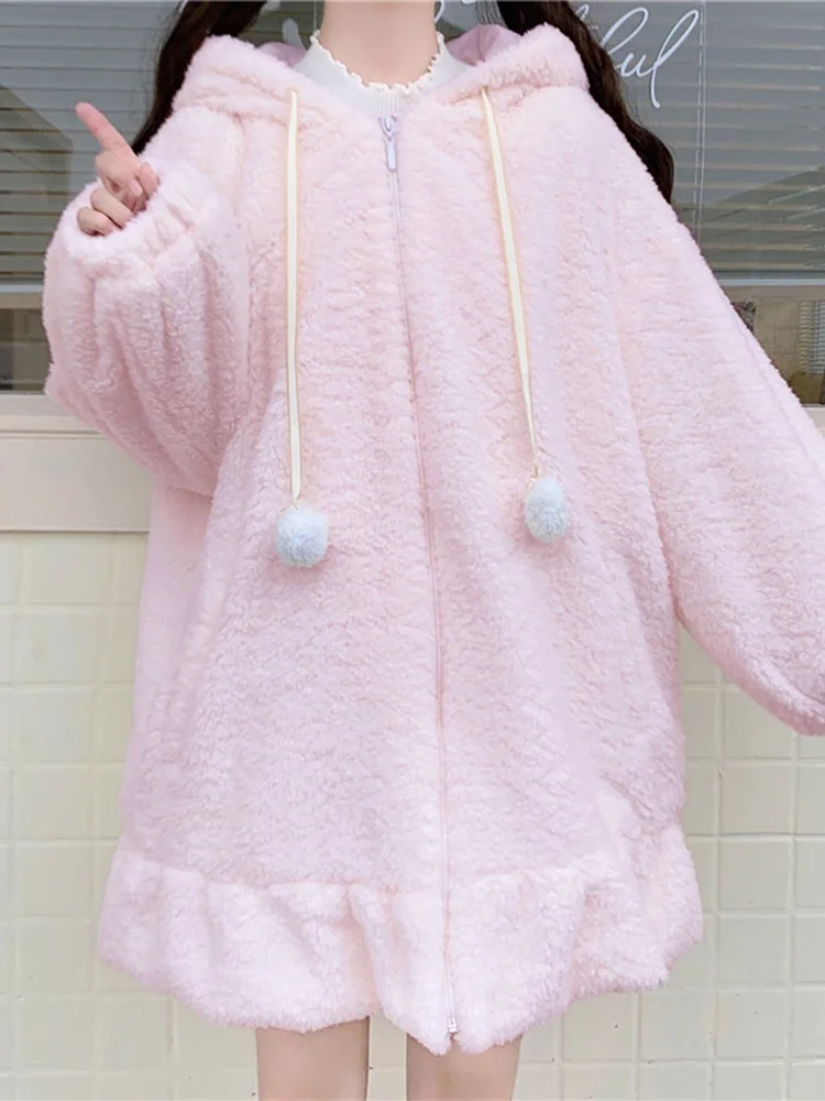 

Women Fall Warm Bunny Ear Hoodie Coat Fuzzy Fluffy Long Sleeve Oversize Rabbit Hooded Zipper Jacket Sweatshirt Kawaii Streetwear