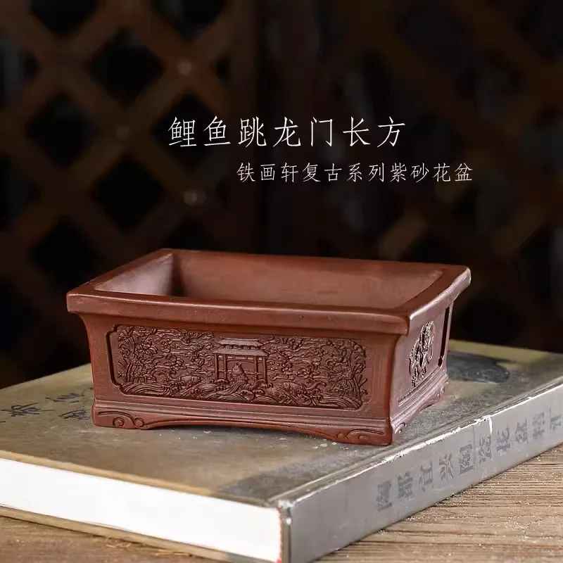 yesPurple Sand Carved Rectangle Bonsai Pot, Chinese Pattern, Garden Decoration, Fish Jump Dragon Gate Pattern.