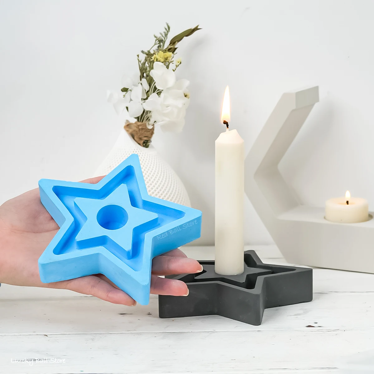 3D Star Candlestick Concrete Silicone Mold DIY Five-Pointed Star Candle Holder Base Molds Gypsum Resin Moulds Eid Ramadan Decor