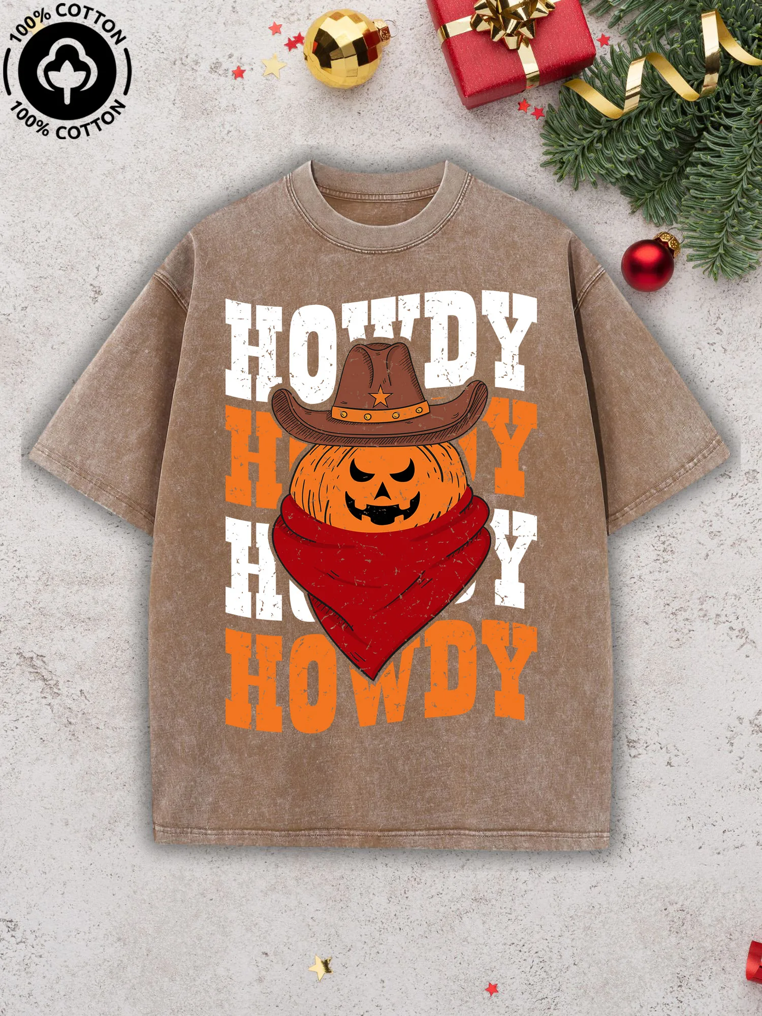 

Howdy Country Pumpkin Men's Graphic Tee, Pure Cotton Vintage Camel T-Shirt, Retro Street Drop Shoulder Tee