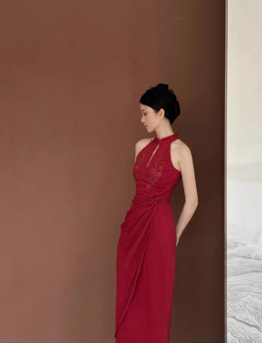 

Классическое облегающее платье-ципао с воротником-стойкой и улучшенными плечами, длинное, красное, от Zhitin.