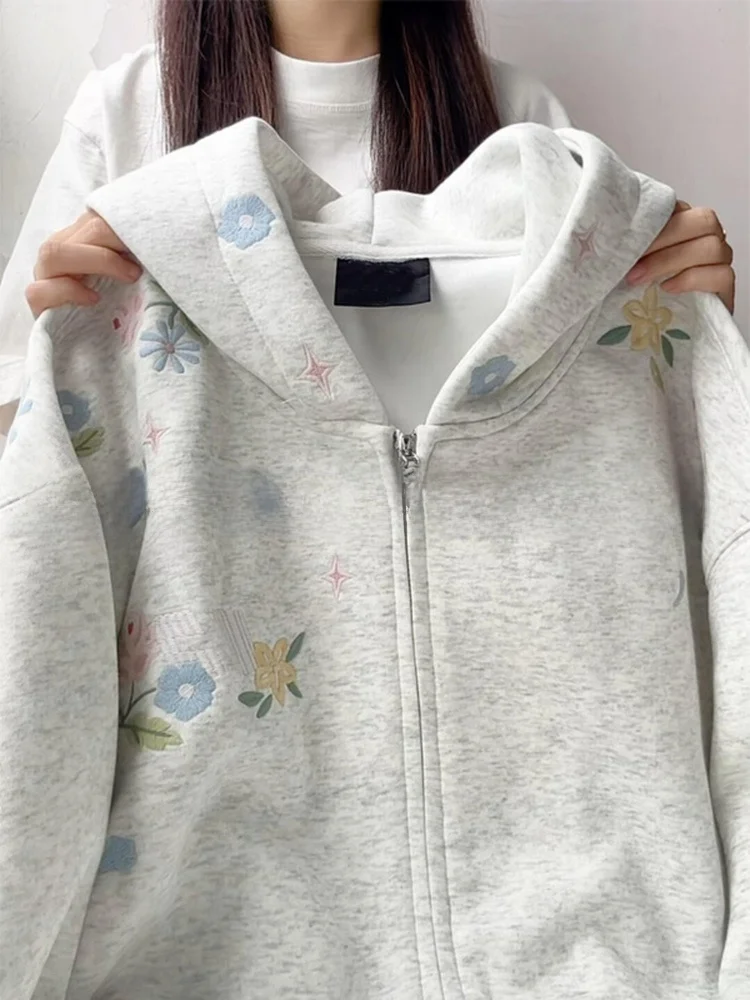 

Retro American Floral Embroidery Hoodie Women's Autumn Winter Thiened Casual Loose Lazy Sle Jaet with Zipper for Ladies