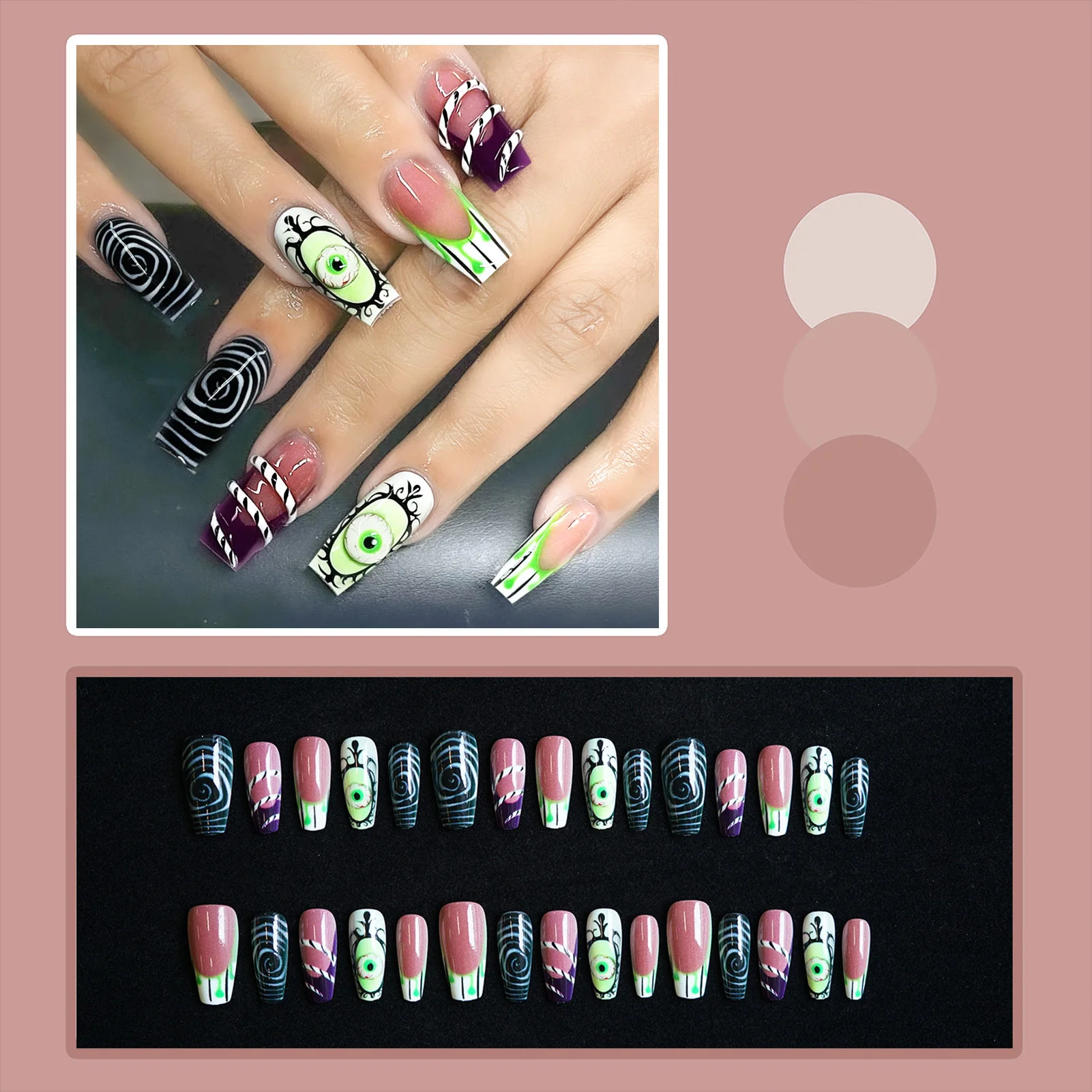 24 قطعة موضوع الهالوين الأظافر كاذبة الرعب مقلة العين ديكور دوامة شريط التدرج الأخضر النمط الفرنسي اضغط على الأظافر نعش أظافر وهمية