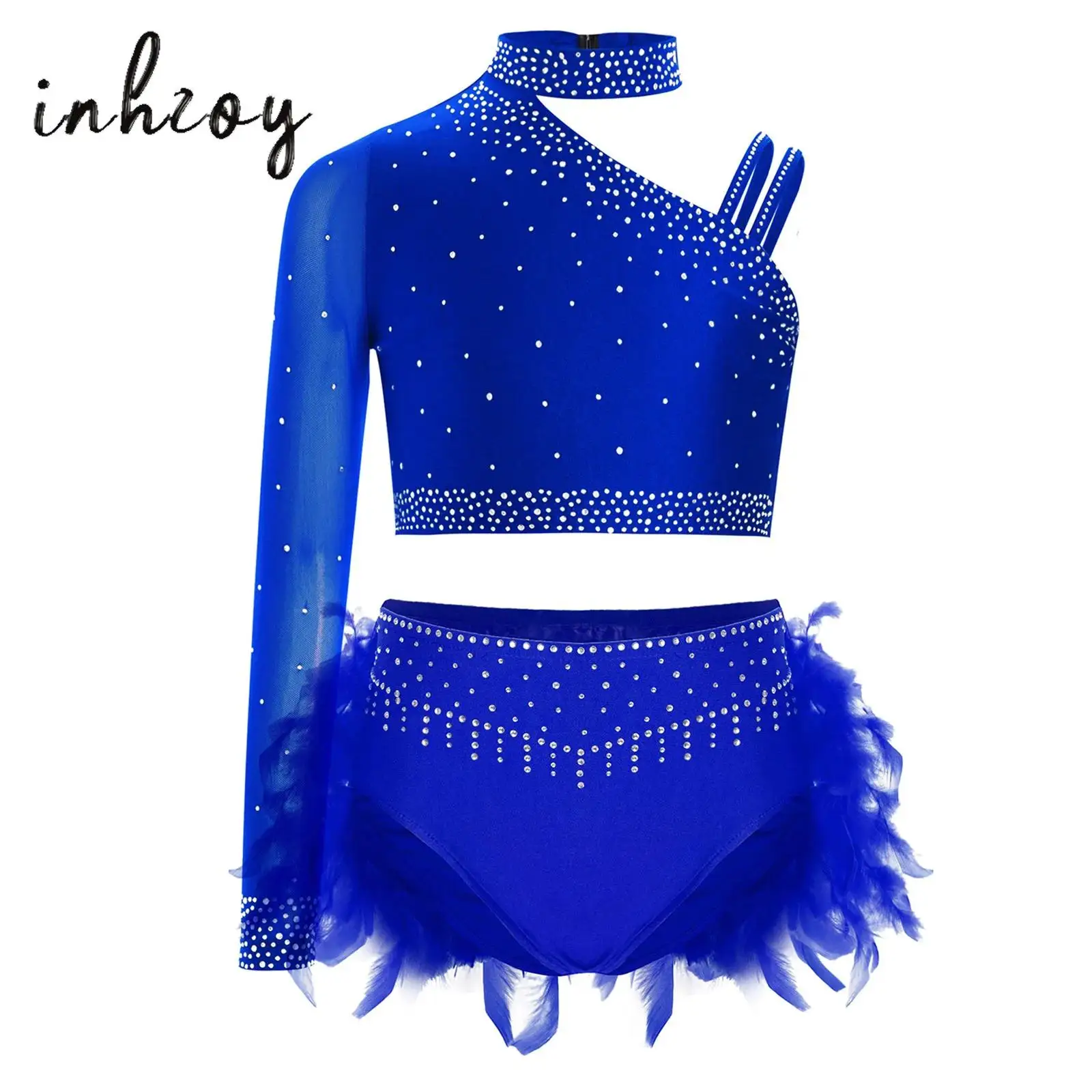 

Kids Girl Figure Ice Skating Costume Sparkly Rhinestones One Shoulder Crop Top with Feather Briefs Outfits for Gymnastics Ballet