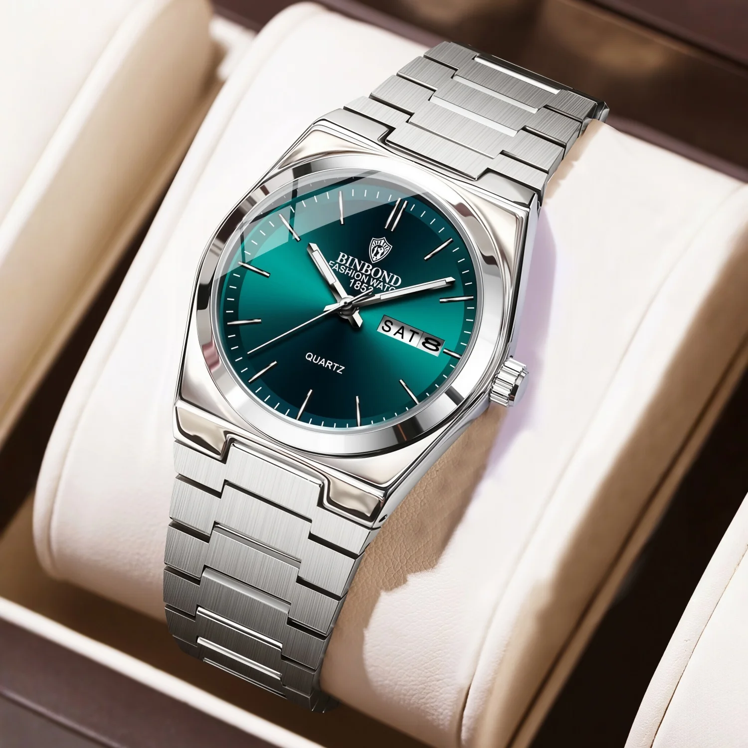 BINBOND Fashion Women's Green Dial Automatic Week Calendar Stainless Steel Strap Waterproof Quartz Watch Women's Birthday Gift