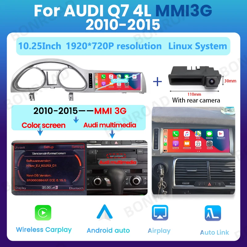 BONROAD 10.25 "Autoradiospeler Draadloze CarPlay Android Auto Multimedia Touchscreen Voor Audi Q7 4L 2005-2015 GPS Bluetooth 5.0