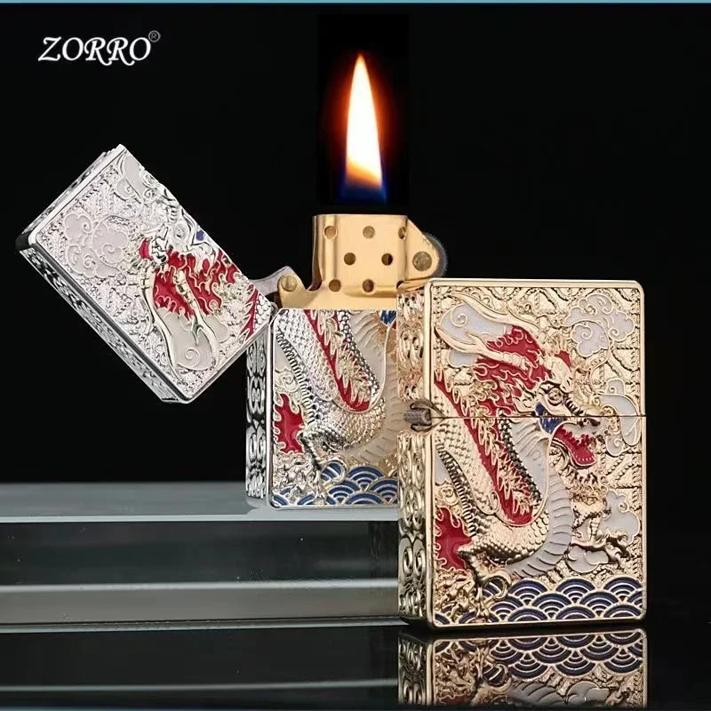 ZORRO Old-fashioned Armor Kerosen Lighter Windproof Five-sided Embossed Veyron Creative Pure Copper Lighter Men\'s Gift