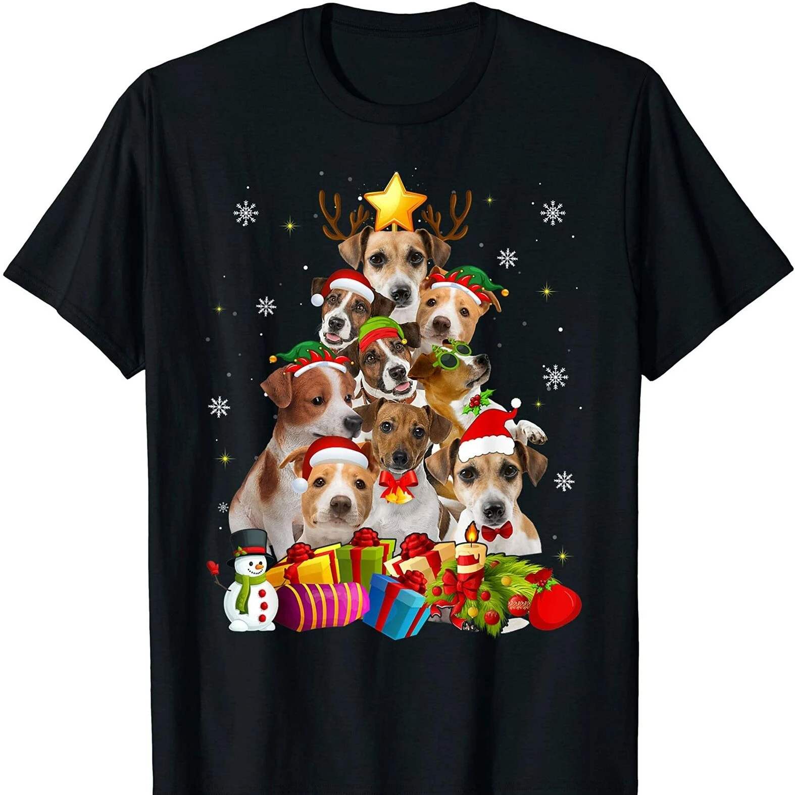 Jack Russell Terrier Christmas Tree Funny Dog Lovers Xmas Gift T Shirt. Short Sleeve 100% Cotton Casual T-shirts Loose Top S-3XL