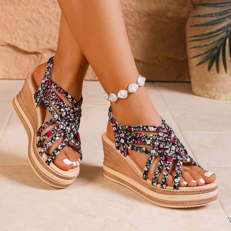 

Bohemian Flower Print Sandals for Women Summer Chic Chunky Platform Wedges Shoes Woman Plus Size 45 Slip On Sandalias Ladies