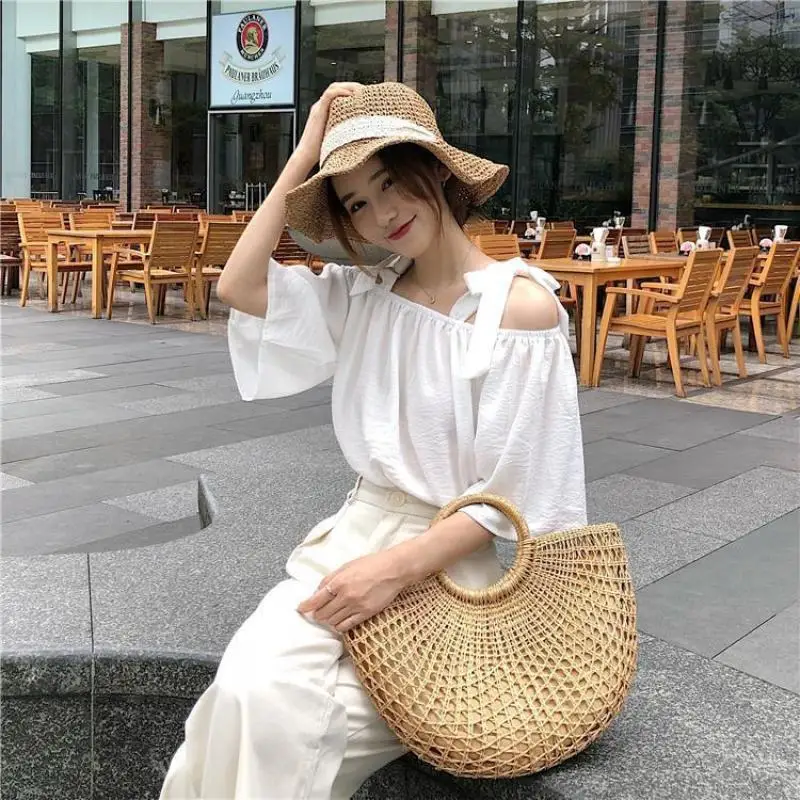 Women Summer Korean Striped Loose Lacing Fashion Solid Color Slash Neck Short Sleeve Blouse Women Clothes Trend Appear Thin Tops