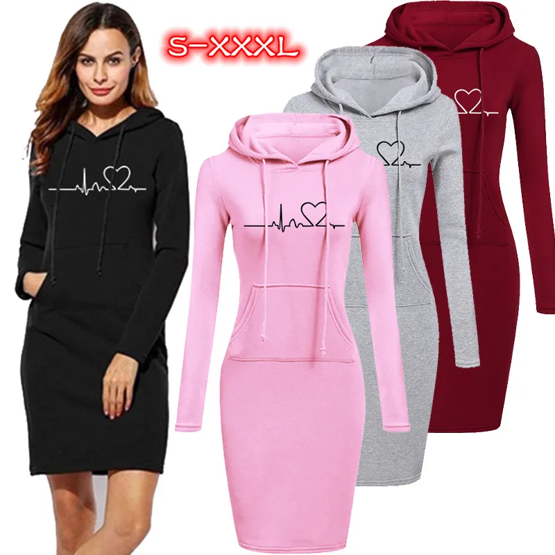 Women\'s Long Sleeve Hoodie Dress, Hooded Sweater, Pullovers, Sweatshirt, Slim Fit, Fashion, Autumn, Winter