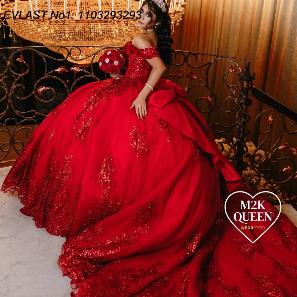 

EVLAST Customized Luxury Red Quinceanera Dress Ball Gown Lace Applique Beading Sequins Bow Sweet 16 Vestido De 15 Anos E1Q306