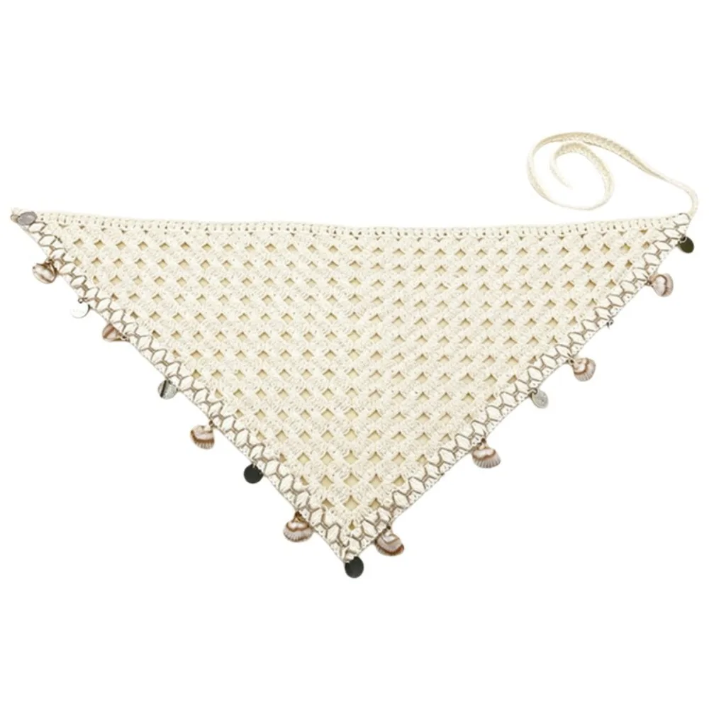 Nouveau foulard bohème ajouré au crochet, orné de sequins, bandana triangulaire à bords frangés, écharpe de tête ajourée pour l'été