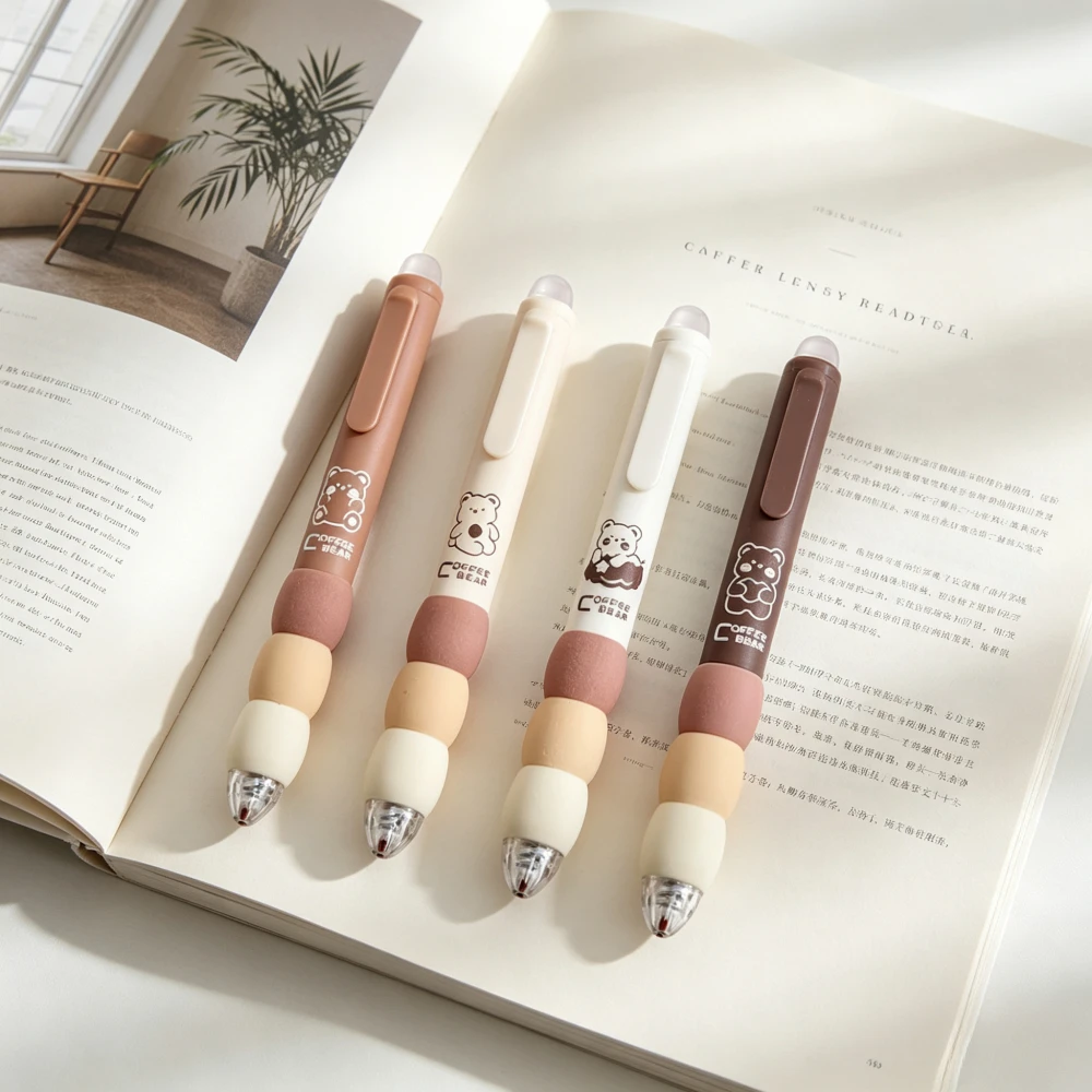 Coffee Bear Aesthetic Retractable Gel Pens, Cute Soft Grip Thermal Erase School Stationery Pens, 0.5Mm ST Tip, Smooth Writing