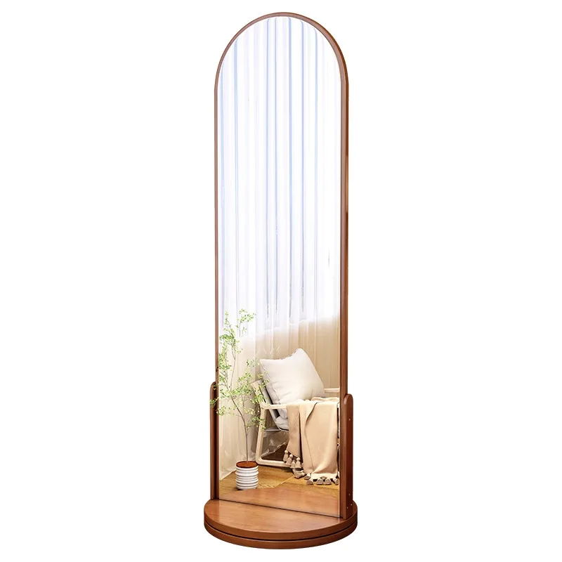 Solid Wood Floor Standing Mirror with Rotatable Storage Hole Board and Movable Coat Rack, Suitable for Home Bedroom Furniture