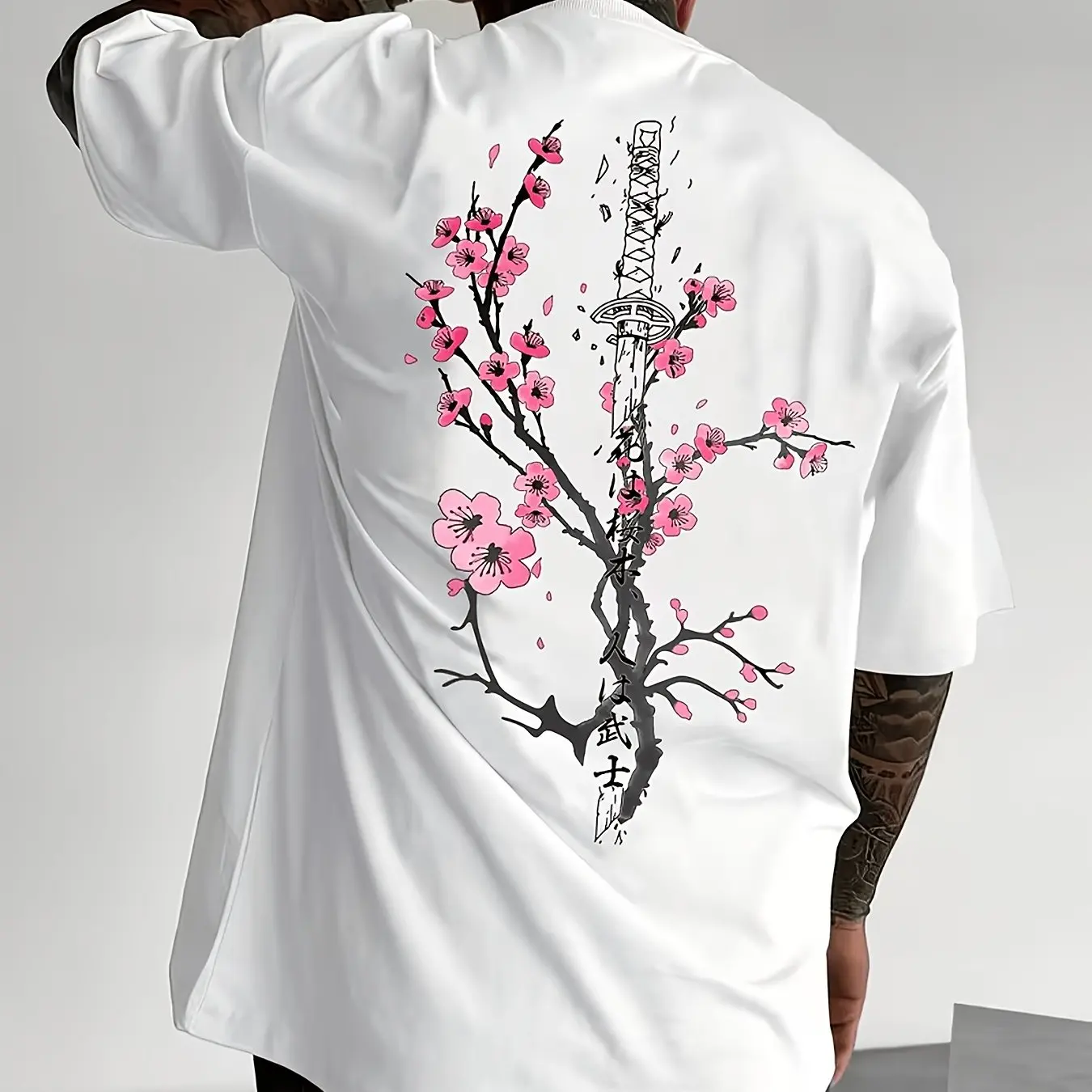 Men's Pure Cotton Printed T-shirt Retro Chinese Style Cherry Blossom Samurai Sword Ink Style  Fashion Versatile New Trend