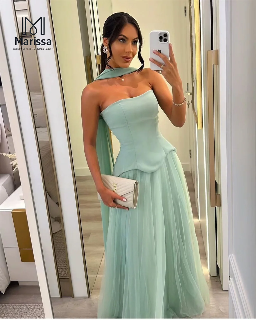 فستان سهرة نسائي من Marissa فساتين نسائية أنيقة على شكل حرف a من التل لحفلات الزفاف فساتين فاخرة مصنوعة حسب الطلب مكشوفة الكتف