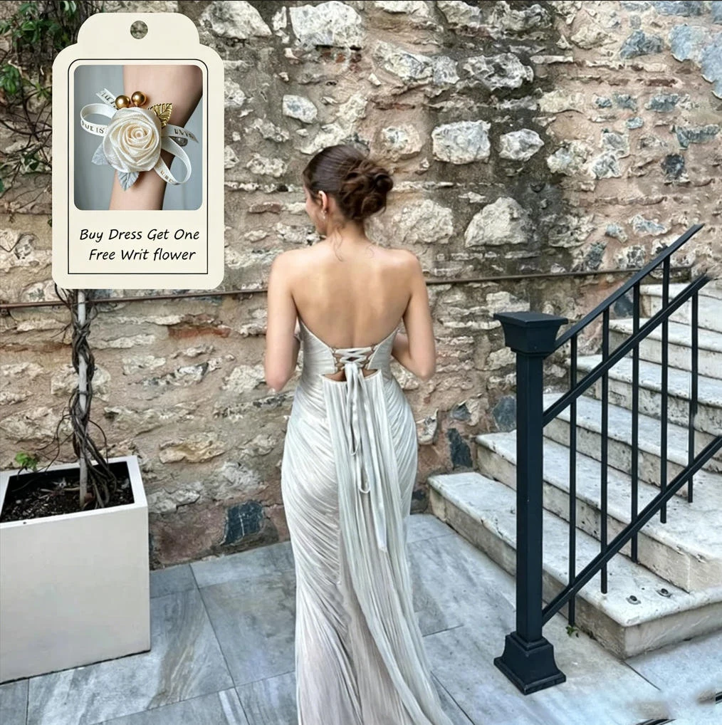 Eightale 2025 Maxi Silver Silk Chiffon Pleated Mermaid Evening Dress Wedding Party Formal Prom Dress Dubai Party Gown Customized