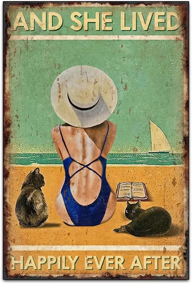 Vintage Cat Garage Inspiring Tin Metal Signs Artwork Wall Decoration - And She Lived Happily Ever After - Original Vintage Desig