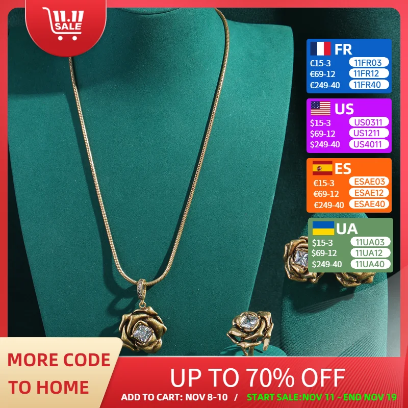 

Romantic European Vintage Jewelry Floral Necklace Set Pendant Flower Earrings Drop Zirconia Women Accessories Luxury Designer
