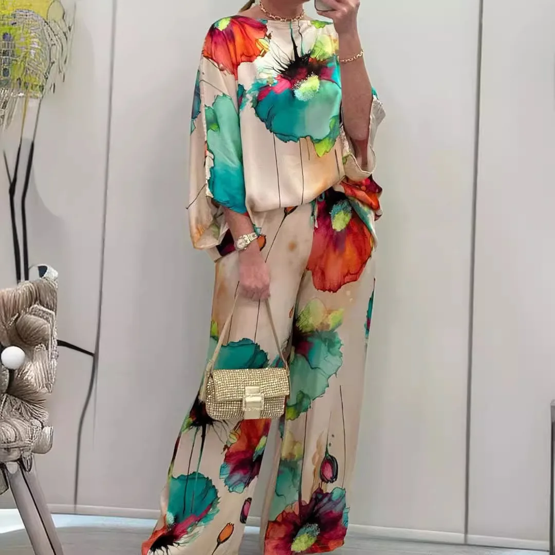 Summer Printed Satin Two Piece Set Women Loose Casual Vintage Suit Elegant Top Wide Leg Long Pant Sets 2 Piece Sets Women Outfit