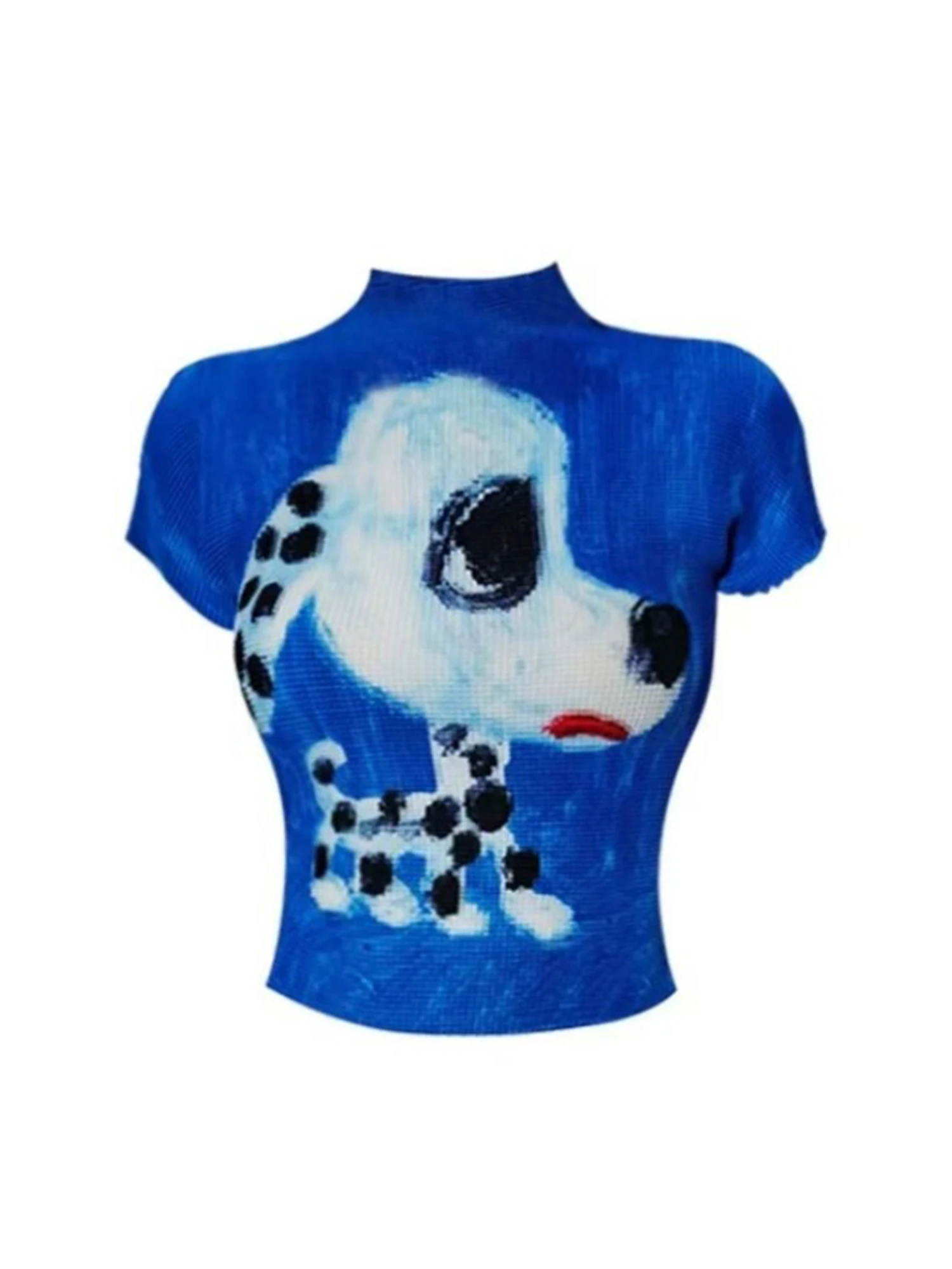 Women Blue Dog Graffiti Print Y2k T-shirt Aesthetic Gyaru Shoujo Girl Tee Top 2000s Vintage Short Sleeve Elastic T-shirt Summer