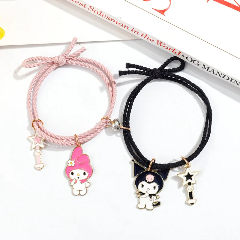 1 Pair Sanrio Bracelet Magnetic Small Rubber Band Couple Kuromi Melody Cute Cartoon Aluminum Alloy Pendant Accessories Girl Gift