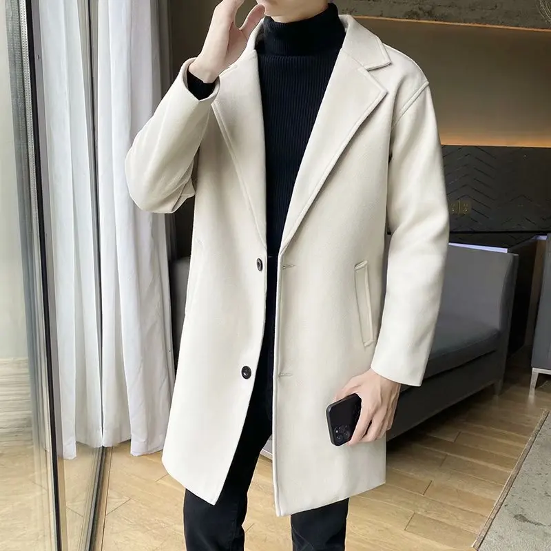 Light wind spring and autumn long woolen coat men\'s Korean version trend slim trench coat woolen coat