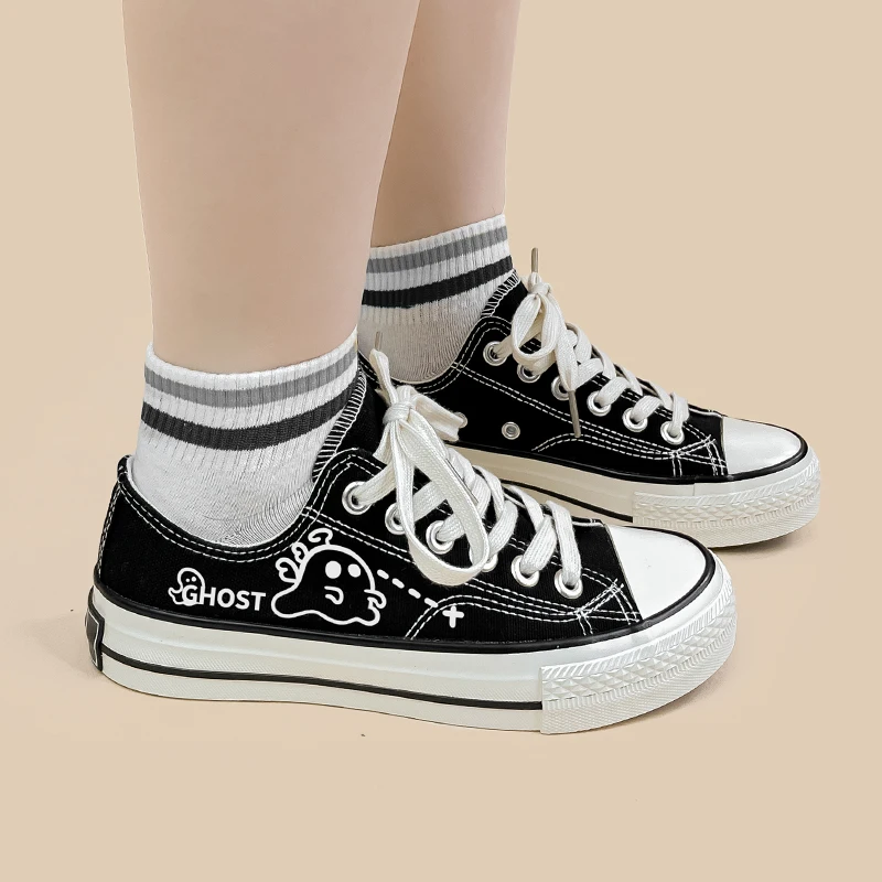 Amy and Michael Cute Girls Students Flat Casual Canvas Shoes Black Low Top Sneakers Female Woman Vulcanize Shoes